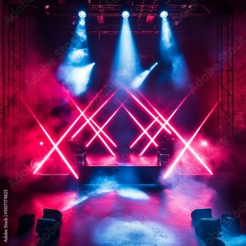 High energy visuals with triangular laser grid patterns on smoky stages, red and blue colors that mix geometrically and edgily. photo