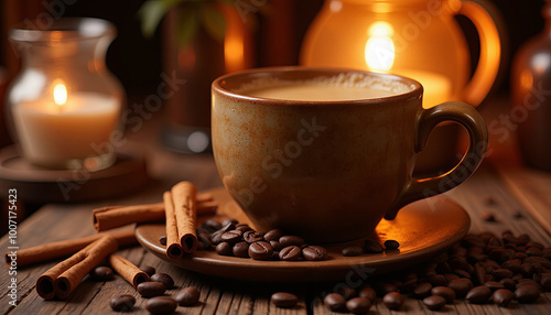 Warm Cup of Coffee with Cinnamon Sticks and Candlelight