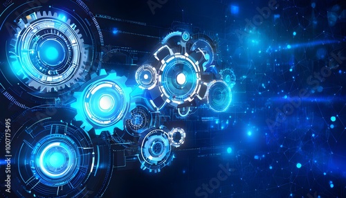 Futuristic technology interface featuring glowing blue gears and lights showcasing advanced data networking and artificial intelligence