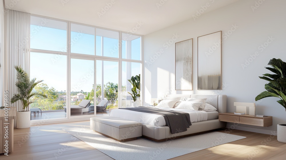 Fototapeta premium Large, airy master bedroom with floor-to-ceiling windows, elegant bedding, and neutral decor, perfect for a peaceful escape