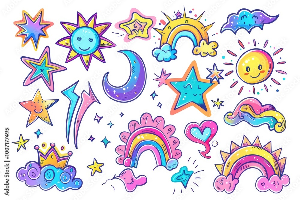 A collection of colorful stickers on a white background, perfect for creating artwork or adding decorations to digital designs A collection of colorful stickers on a white background, perfect for creating artwork or adding decorations to digital designs