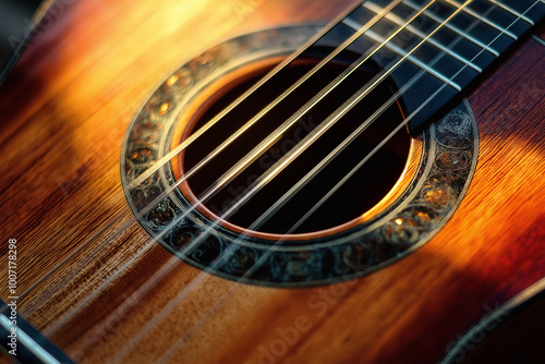 Close-up of guitar strings with sunlight reflections creating a vibrant and detailed shot for musical instrument, sound, or artistic photography concepts