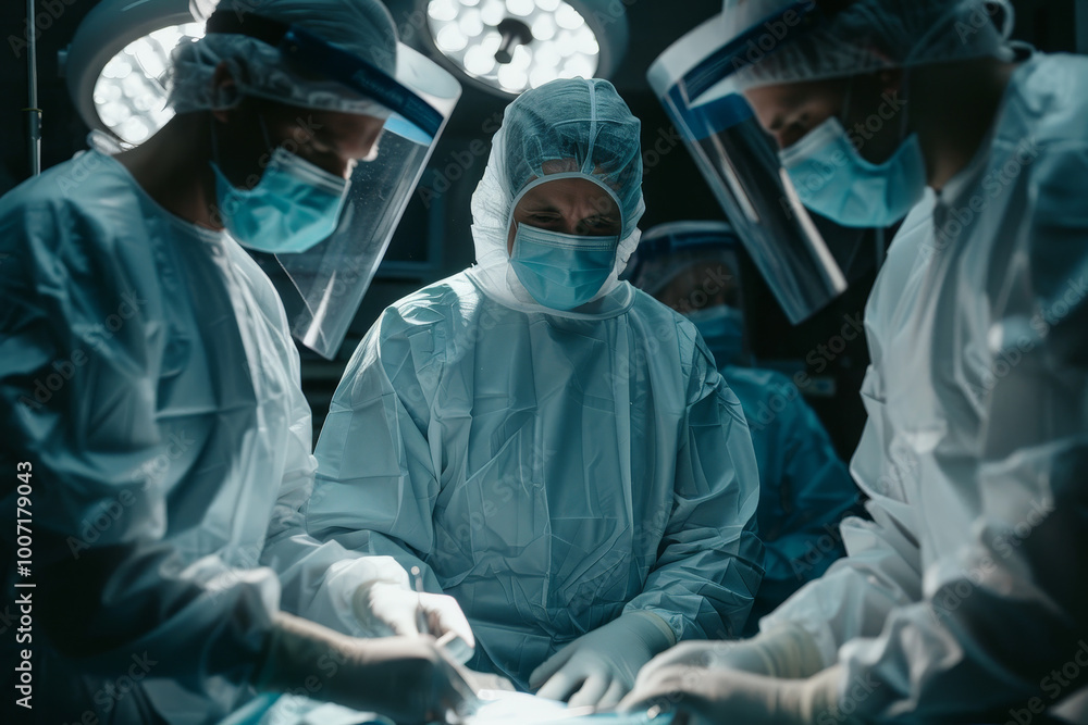 Three surgeons are performing a surgery Three surgeons are performing a surgery