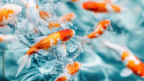 A serene scene of vibrant orange and white koi fish gracefully swimming in clear water, showcasing the beauty of aquatic life and the tranquility it can evoke. photo