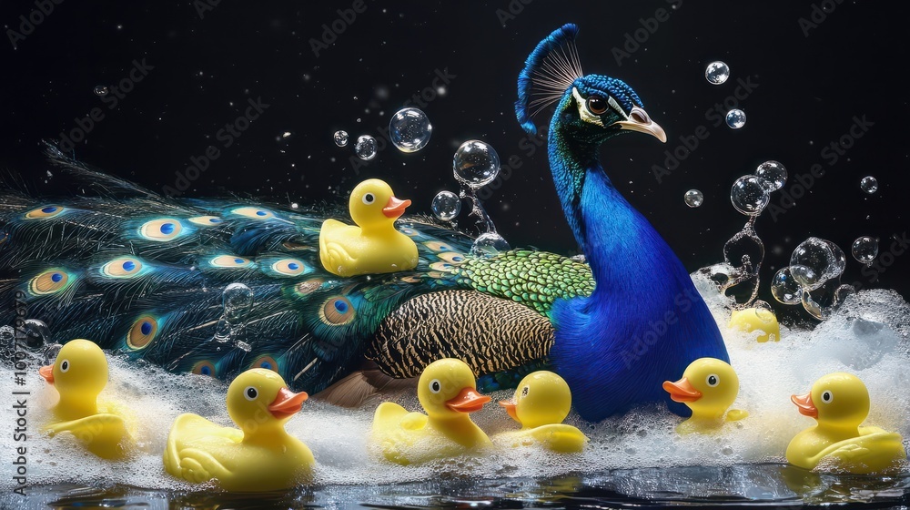 Fototapeta premium Peacock in a Bubble Bath with Rubber Ducks