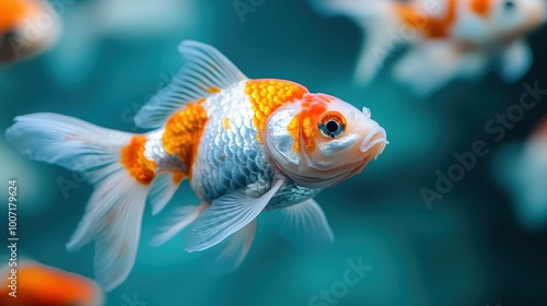 An elegant goldfish with vibrant orange and white scales gracefully swimming in clear blue water, showcasing delicate fins and creating a peaceful aquatic scene.