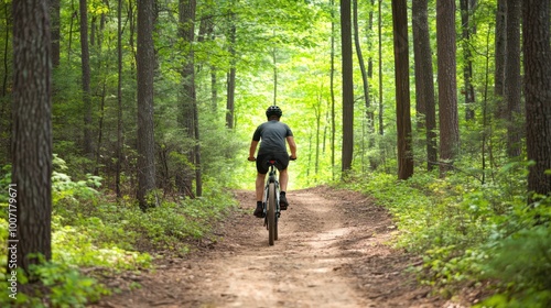 Mountain biker riding on a rugged trail through the forest for an outdoor adventure