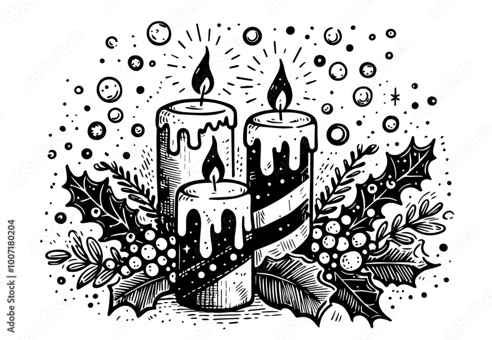festive candle illustrations with holly and pine in black vector style festive candle illustrations with holly and pine in black vector style
