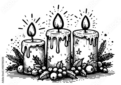 christmas candles with decorative pine branches and berries black vector