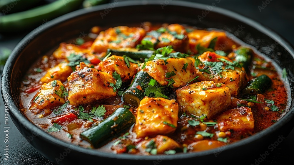 Closeup of Spicy Indian Paneer Curry with Green Chillies and Coriander Closeup of Spicy Indian Paneer Curry with Green Chillies and Coriander