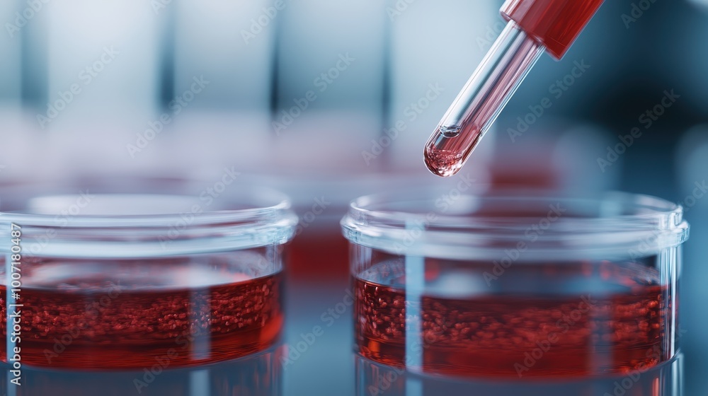 A close-up of a pipette releasing red liquid into a petri dish, showcasing the delicate precision of laboratory work with its focused examination and scientific exploration. A close-up of a pipette releasing red liquid into a petri dish, showcasing the delicate precision of laboratory work with its focused examination and scientific exploration.
