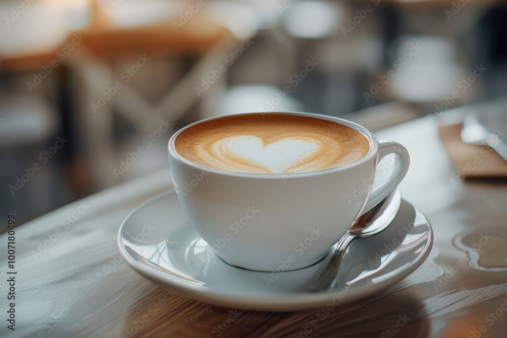 A white coffee cup with a heart design on it sits on a white plate A white coffee cup with a heart design on it sits on a white plate