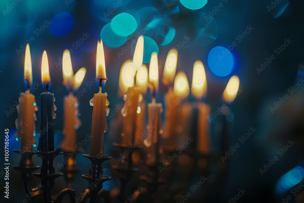 A row of candles are lit, creating a warm and cozy atmosphere A row of candles are lit, creating a warm and cozy atmosphere