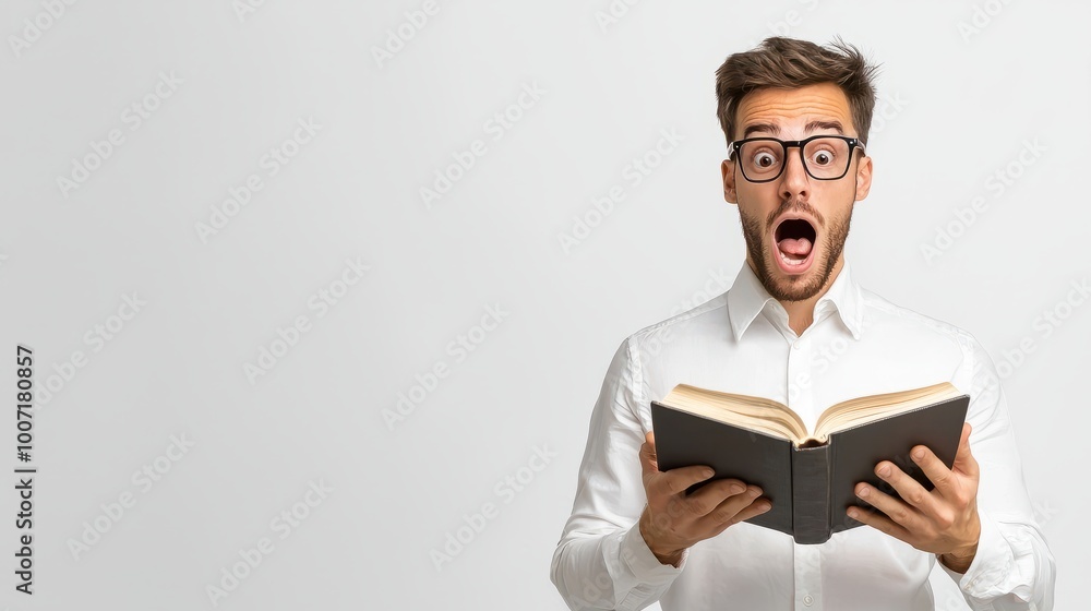 Male teacher standing with an open book in hand, explaining a concept, isolated on a white background for clarity. Male teacher standing with an open book in hand, explaining a concept, isolated on a white background for clarity.