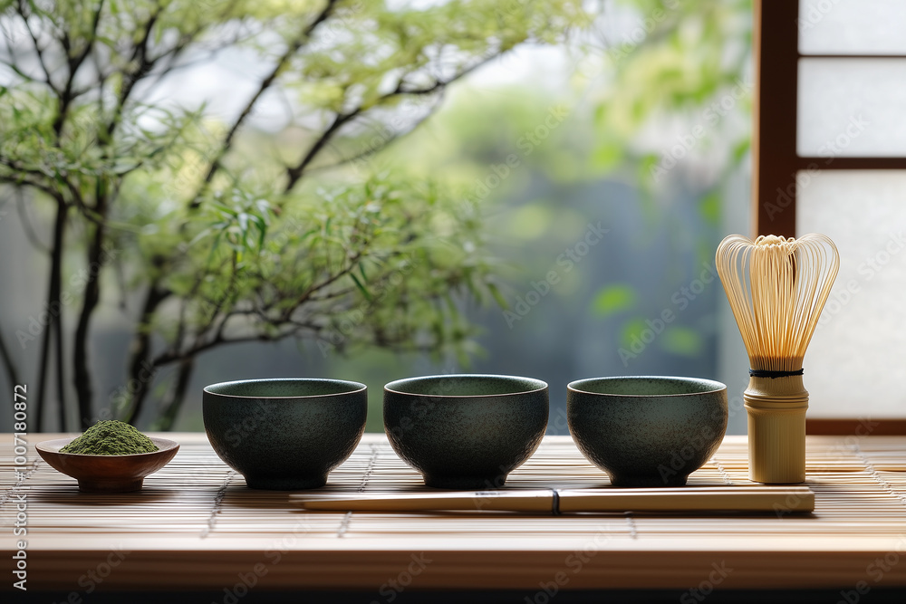 Japanese tea ceremony with matcha served in traditional bowls.Three bowls of green tea and a whisk are on a wooden table