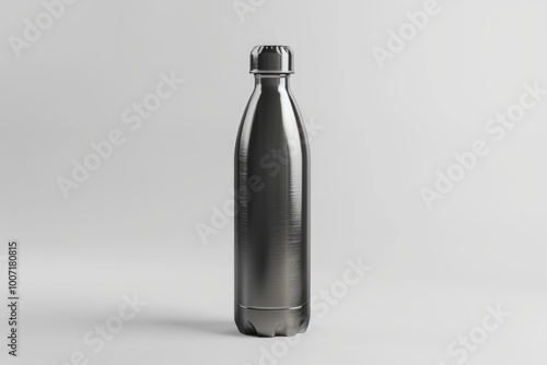 A stainless steel water bottle sits on a plain surface, ready for use