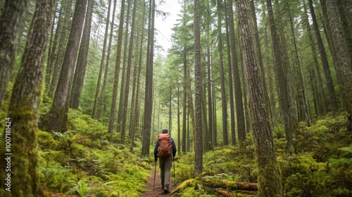 Person hiking through a dense forest with tall trees during an outdoor journey