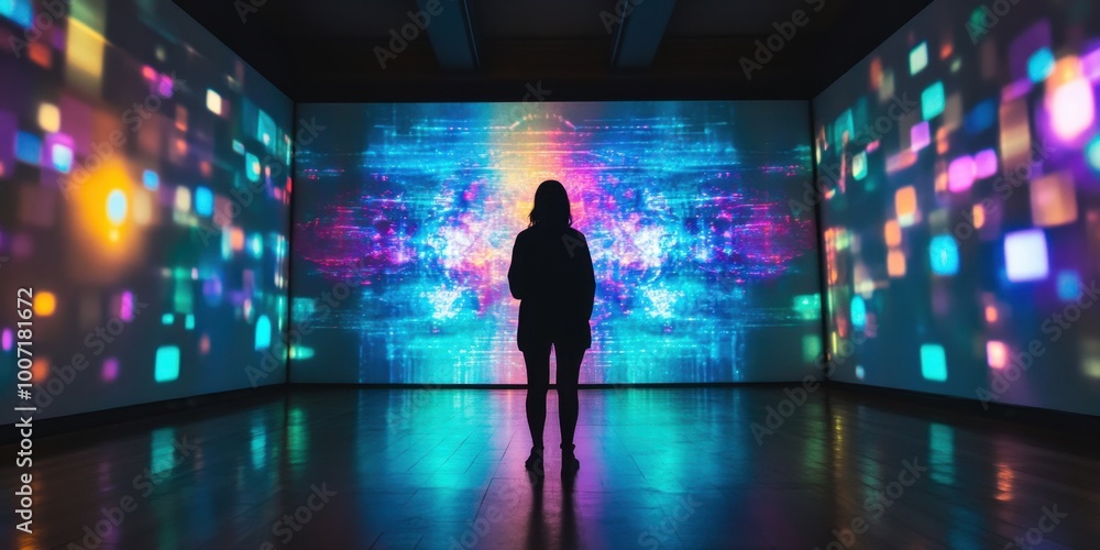 a person standing in front of a large screen a person standing in front of a large screen