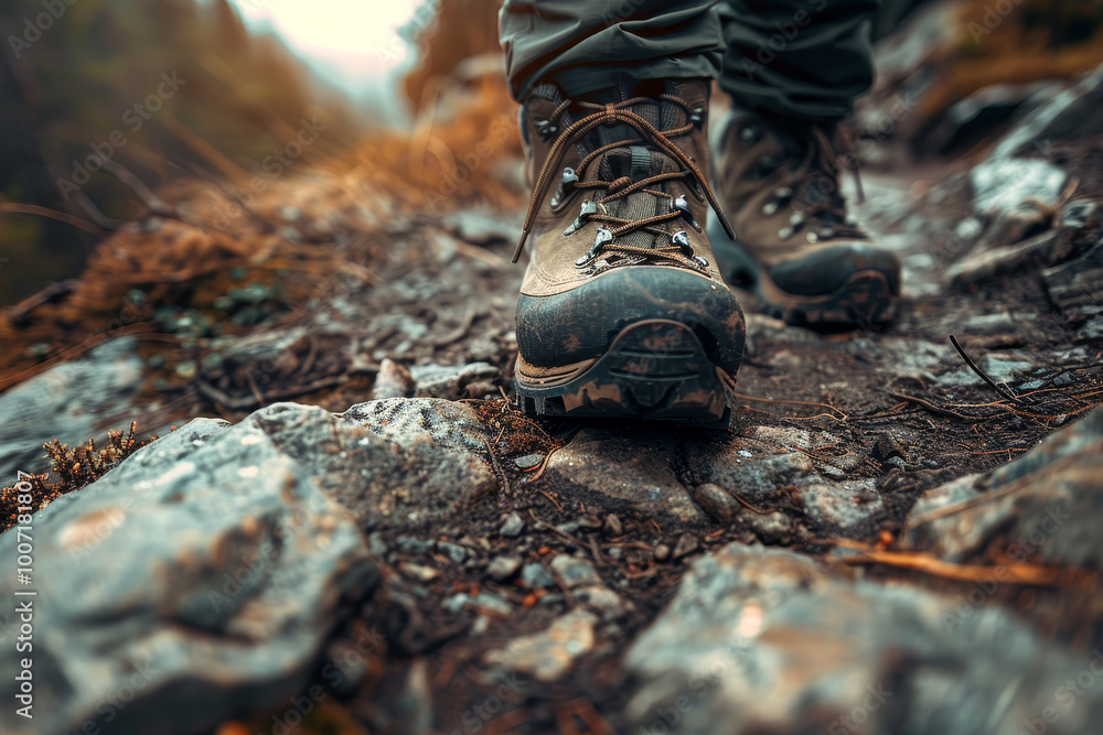 A person is walking on a rocky path with their boots A person is walking on a rocky path with their boots