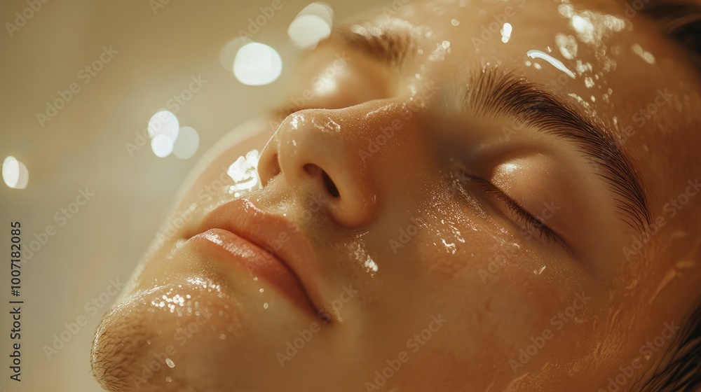 Serene and peaceful close-up of a young man enjoying a facial treatment. Rejuvenating spa treatment with a blurred tranquil background. Relaxation and self-care concept. Serene and peaceful close-up of a young man enjoying a facial treatment. Rejuvenating spa treatment with a blurred tranquil background. Relaxation and self-care concept.