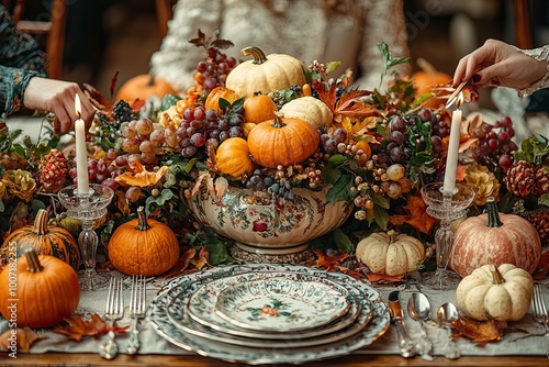 Thanksgiving Beautiful autumn table setting with pumpkins, berries and candles.