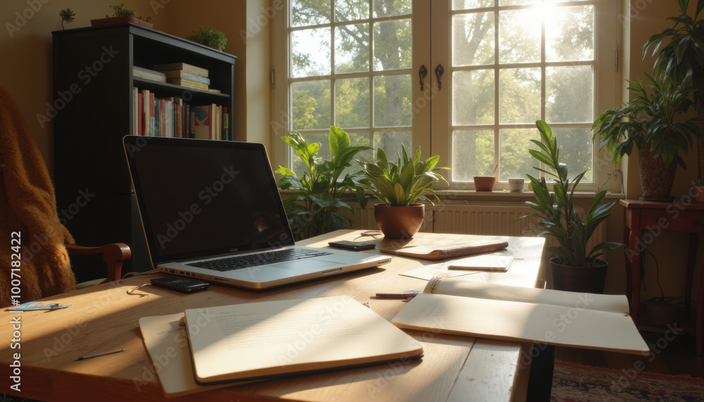 Sunlit home office desk with laptop and plants by window Sunlit home office desk with laptop and plants by window