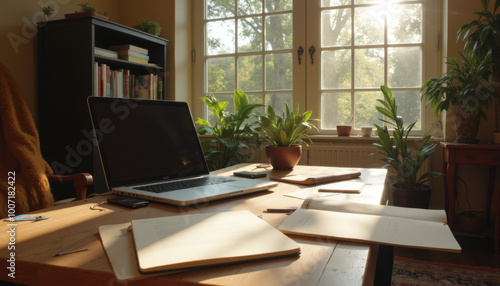 Sunlit home office desk with laptop and plants by window