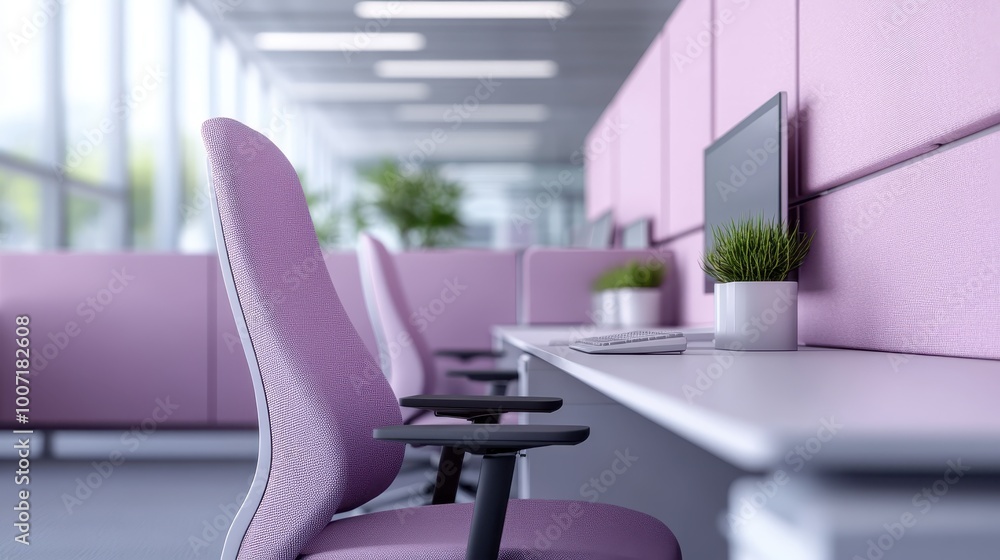 A modern office space featuring sleek pink chairs and a tidy computer setup, giving off a professional yet stylish and colorful work environment feel. A modern office space featuring sleek pink chairs and a tidy computer setup, giving off a professional yet stylish and colorful work environment feel.