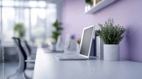 Wallpaper Mural This image of a contemporary office shows a sleek laptop against a backdrop of lavender hues, creating a calming and motivating workspace ambiance. Torontodigital.ca