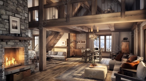 Cozy Cabin Interior with Fireplace, Wooden Beams, and Mountain View