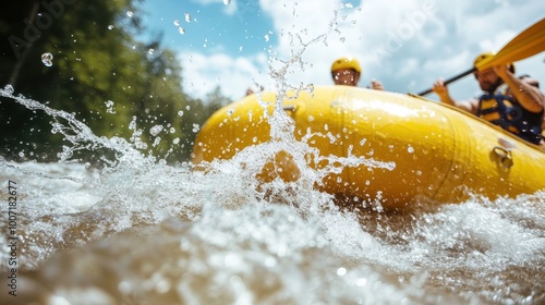 A group enjoying an exhilarating whitewater rafting trip, navigating a rapid stream in a large yellow inflatable raft on a bright sunny day in nature.