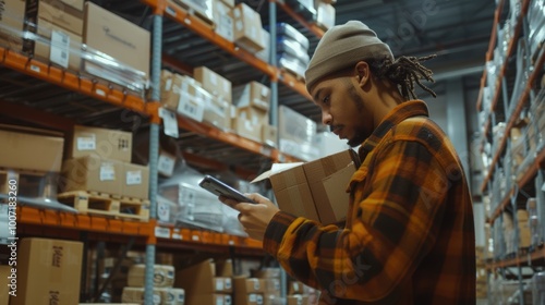 Warehouse Worker Scanning Packages with Handheld Device - Industrial Logistics, Delivery Preparation