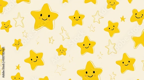 whimsical, cartoon style illustration featuring a pattern of yellow stars with smiling faces on a light cream background vary in size, creating a dynamic and playful layout