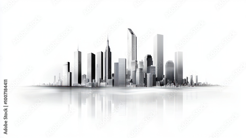 Fototapeta premium Modern city skyline outline with clear architectural forms, captured in a minimalist black-and-white style.