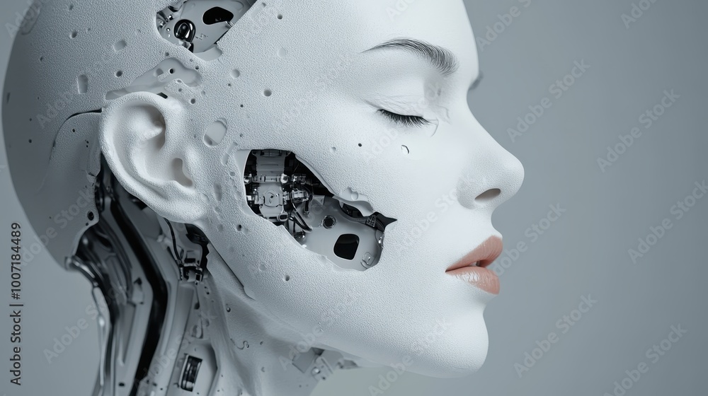 A sleek white humanoid robot with a partially revealed mechanical interior, blending futuristic aesthetics with intricate design and an aura of serene sophistication. A sleek white humanoid robot with a partially revealed mechanical interior, blending futuristic aesthetics with intricate design and an aura of serene sophistication.