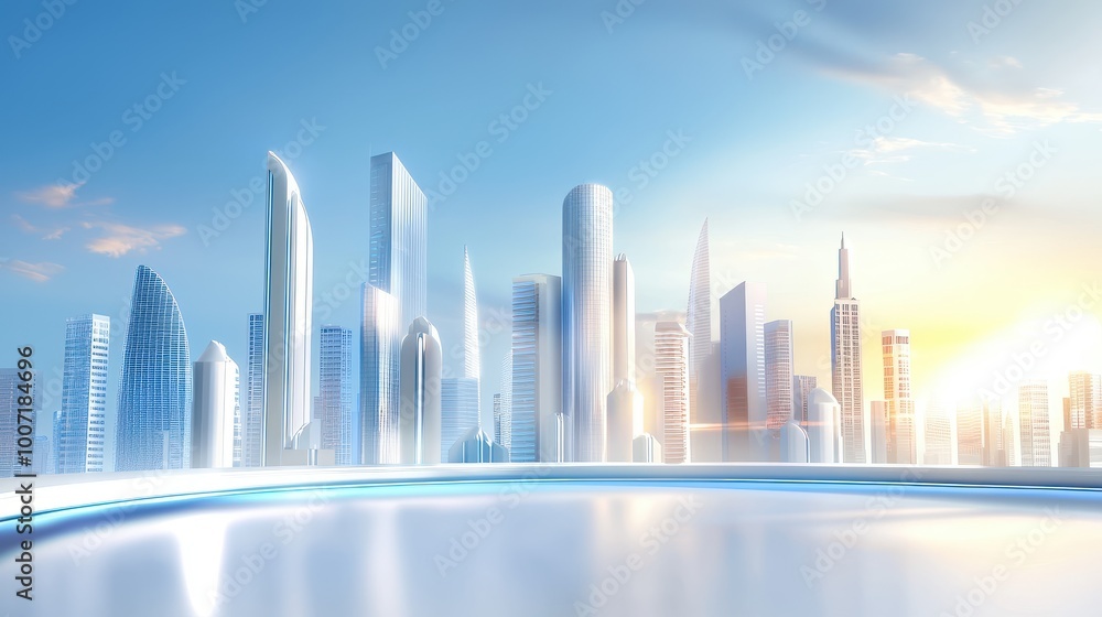Modern city skyline with sleek, futuristic skyscrapers, set against a bright, clear blue sky Modern city skyline with sleek, futuristic skyscrapers, set against a bright, clear blue sky