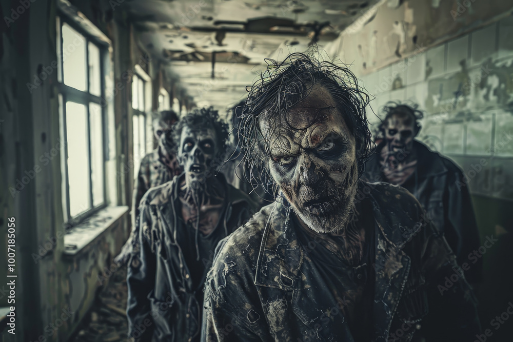A group of zombies are walking down a hallway A group of zombies are walking down a hallway
