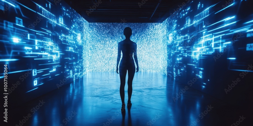 a woman standing in a dark room with blue lights a woman standing in a dark room with blue lights