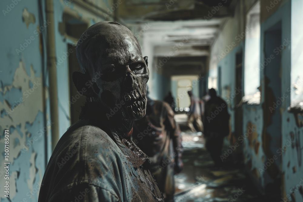 A man with a zombie face stands in a hallway A man with a zombie face stands in a hallway
