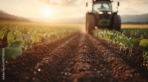 Young crops stretch along the tractor trails in a sunlit field, embodying the essence of agricultural dedication and the harmonious relationship between man and nature. photo