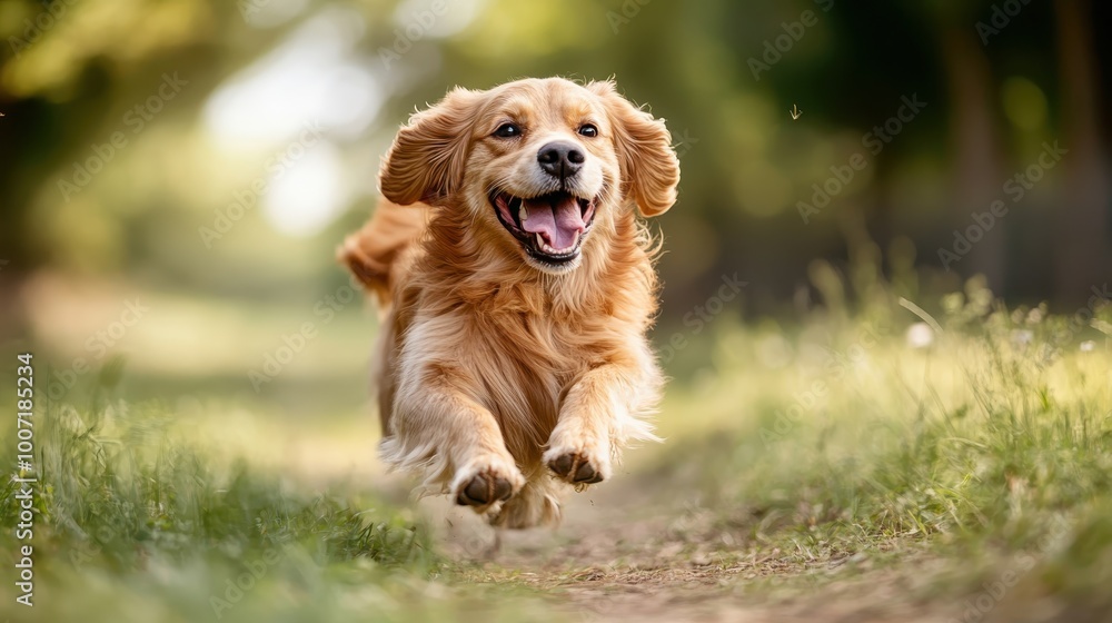 A thrilled dog with floppy ears races down a grassy path, exuding excitement and energy, while capturing the essence of joy and freedom in motion outdoors. A thrilled dog with floppy ears races down a grassy path, exuding excitement and energy, while capturing the essence of joy and freedom in motion outdoors.