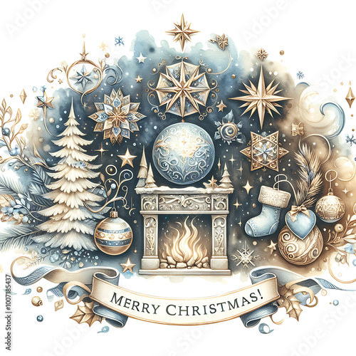 Magical Christmas blue gold winter composition