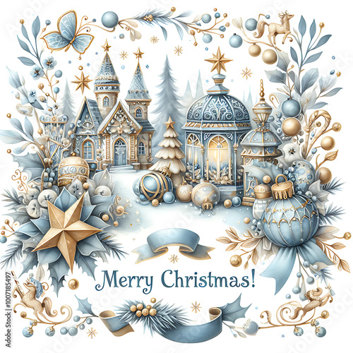 Magical Christmas blue gold winter composition