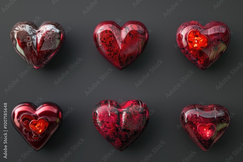 A collection of bright red glass hearts arranged neatly on a table, perfect for various celebrations and events A collection of bright red glass hearts arranged neatly on a table, perfect for various celebrations and events