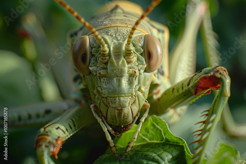 A green bug with a long antennae is on a leaf photo