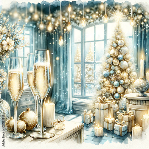 Magical Christmas blue gold holiday composition with a home interior, Christmas tree. New Year square postcard Merry Christmas.