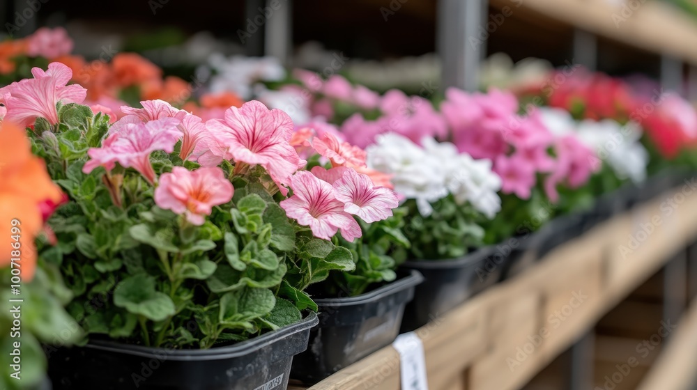 Rows of pink flowers in various shades are neatly arranged in small black plastic pots on a wooden shelf in a garden store, ready for shoppers to take home. Rows of pink flowers in various shades are neatly arranged in small black plastic pots on a wooden shelf in a garden store, ready for shoppers to take home.