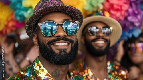 A vibrant scene of colorful decorations and cheerful friends in festive attire, enjoying a party together, capturing the essence of celebration and lively moments. photo