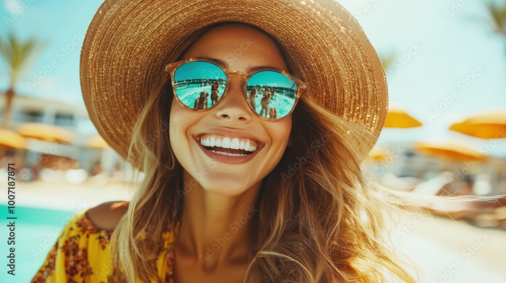 A woman with mirrored sunglasses reflects the vibrant pool scene as she beams with happiness, enjoying the sunny, relaxed day in her stylish summer attire. A woman with mirrored sunglasses reflects the vibrant pool scene as she beams with happiness, enjoying the sunny, relaxed day in her stylish summer attire.