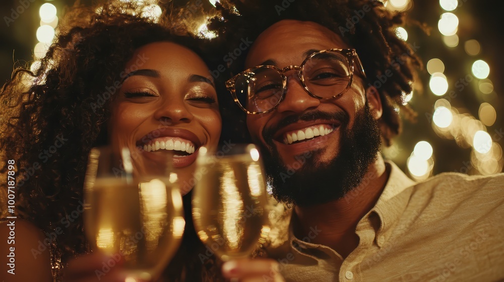 A joyful couple clinks glasses of sparkling wine together, faces illuminated by warm lights, celebrating happiness, connection, and love during a cheerful evening. A joyful couple clinks glasses of sparkling wine together, faces illuminated by warm lights, celebrating happiness, connection, and love during a cheerful evening.